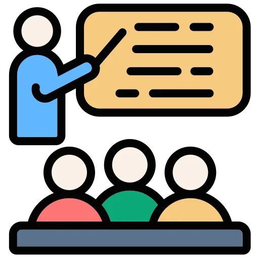 Illustration: a teacher at the board, facing three students.
